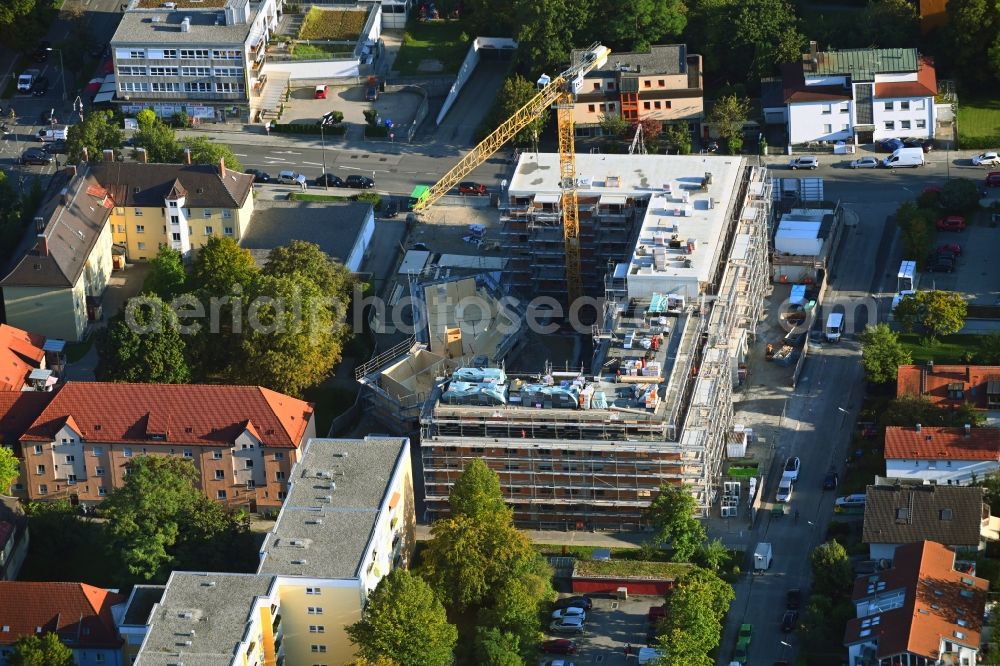 Aerial photograph München - Construction site for the new residential and commercial Corner house - building Wiesenfelser Strasse corner Limestrasse in the district Aubing-Lochhausen-Langwied in Munich in the state Bavaria, Germany