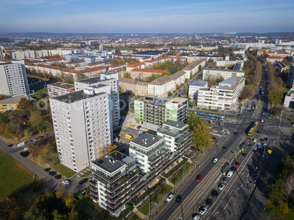 Dresden from above - Multi-family residential and commercial building on Lennestrasse at the corner of Grunaer Strasse on Strassburger Platz in the district of Seevorstadt-Ost in Dresden in the federal state of Saxony, Germany