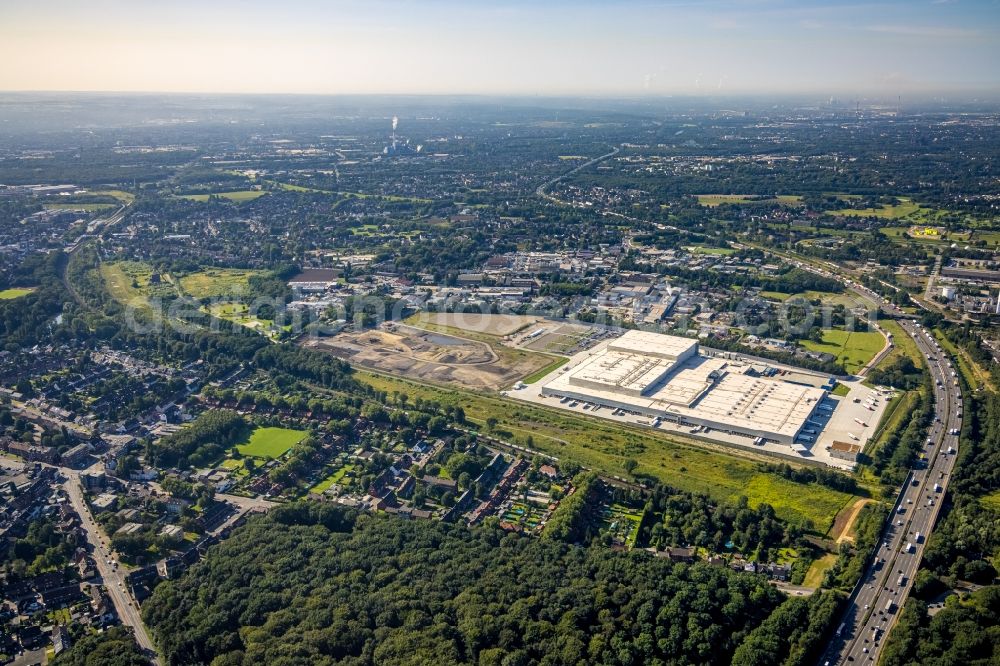 Oberhausen from the bird's eye view: Warehouses and forwarding building of the Edeka central warehouse on Waldteichstrasse in the industrial park Weierheide in Oberhausen in the Ruhr area in the state North Rhine-Westphalia, Germany