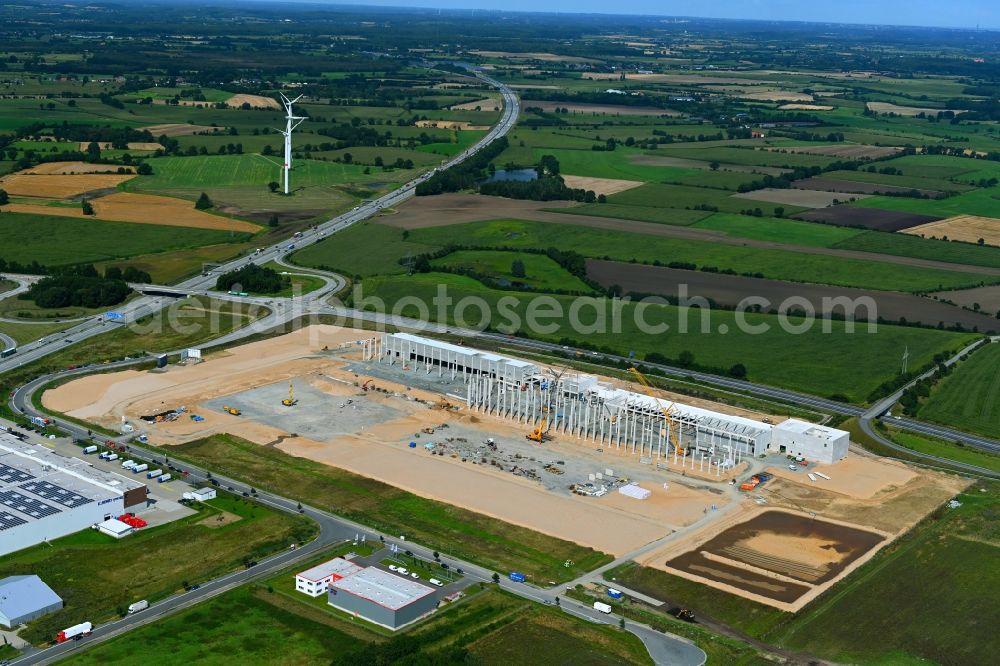 Neumünster from the bird's eye view: EDEKA - Construction site for a warehouse and forwarding building with Frischelager on Eichhofpark in Neumuenster in the state Schleswig-Holstein, Germany