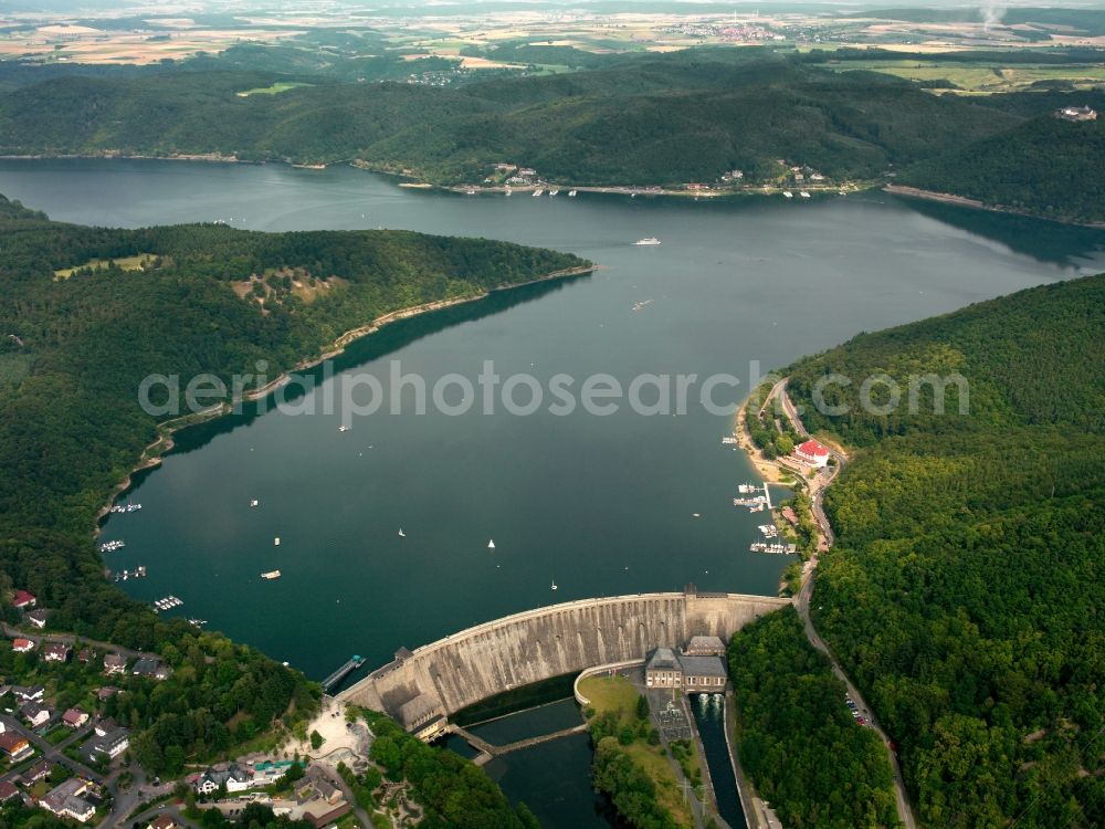 Waldeck from above - View of the Edersee and the Edersee Dam in Waldeck in northern Hesse, Germany