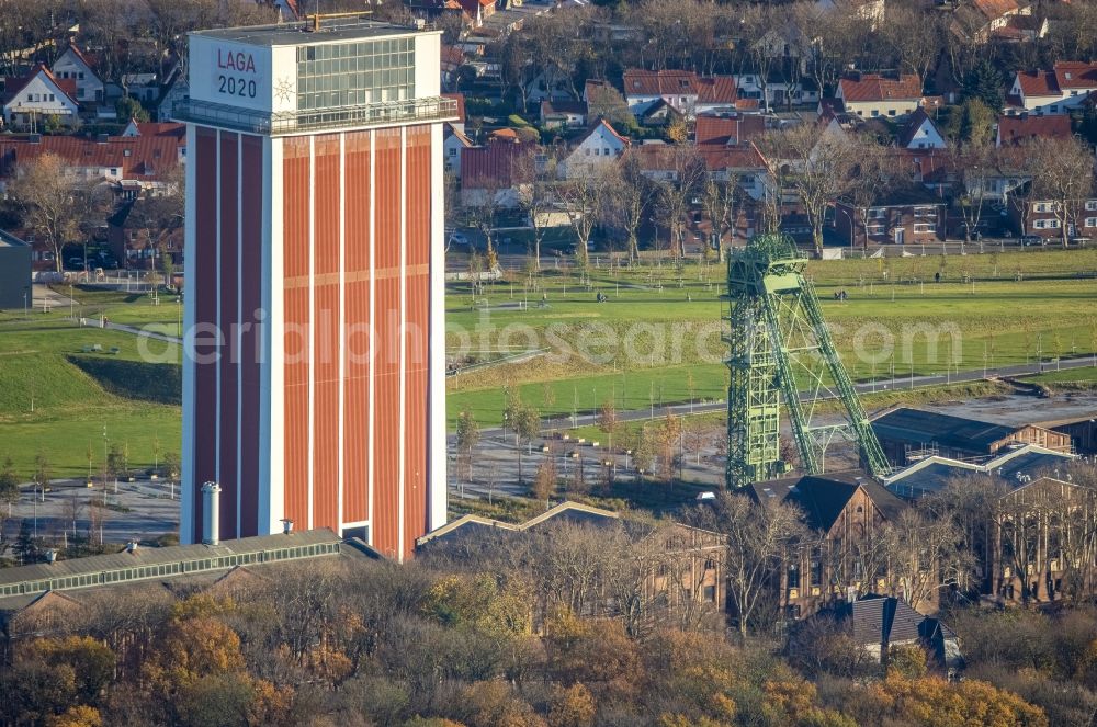 Aerial image Kamp-Lintfort - Former conveyors and mining pits at the headframe Zeche Friedrich Heinrich Schacht with a park and the Landesgartenschau Kamp-Linfort 2020 in Kamp-Lintfort in the state North Rhine-Westphalia