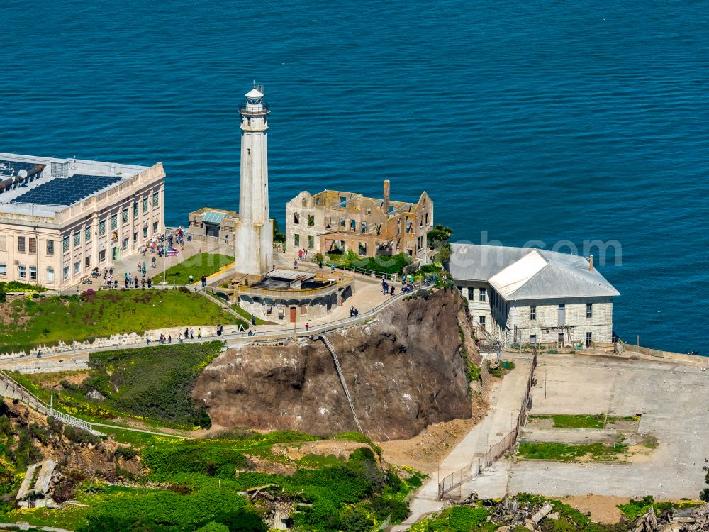 Aerial image San Francisco - Former correctional prison facility Alcatraz Island on street Pier 39 in San Francisco in California, United States of America