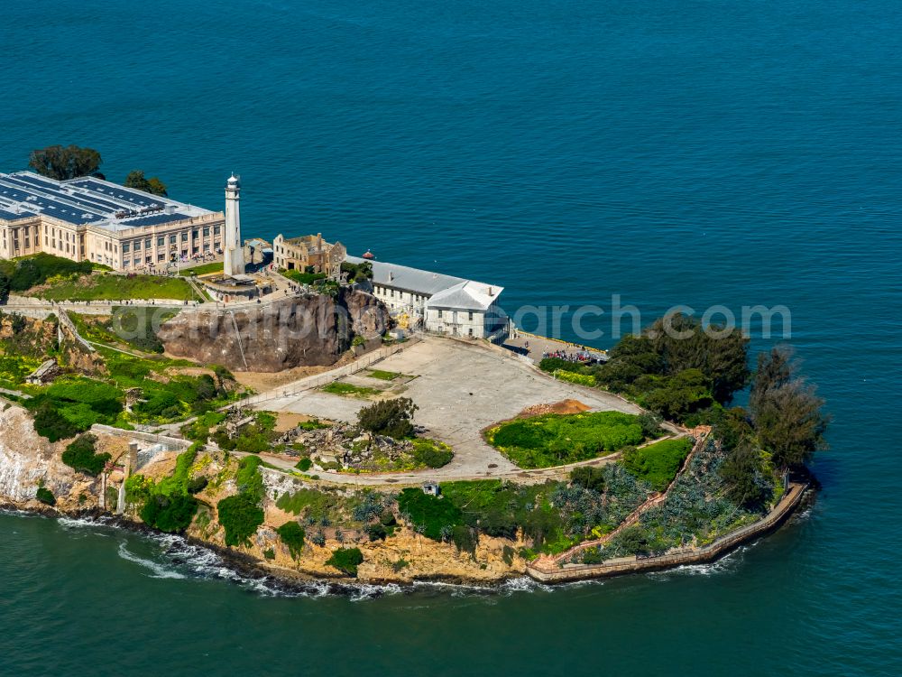 San Francisco from the bird's eye view: Former correctional prison facility Alcatraz Island on street Pier 39 in San Francisco in California, United States of America