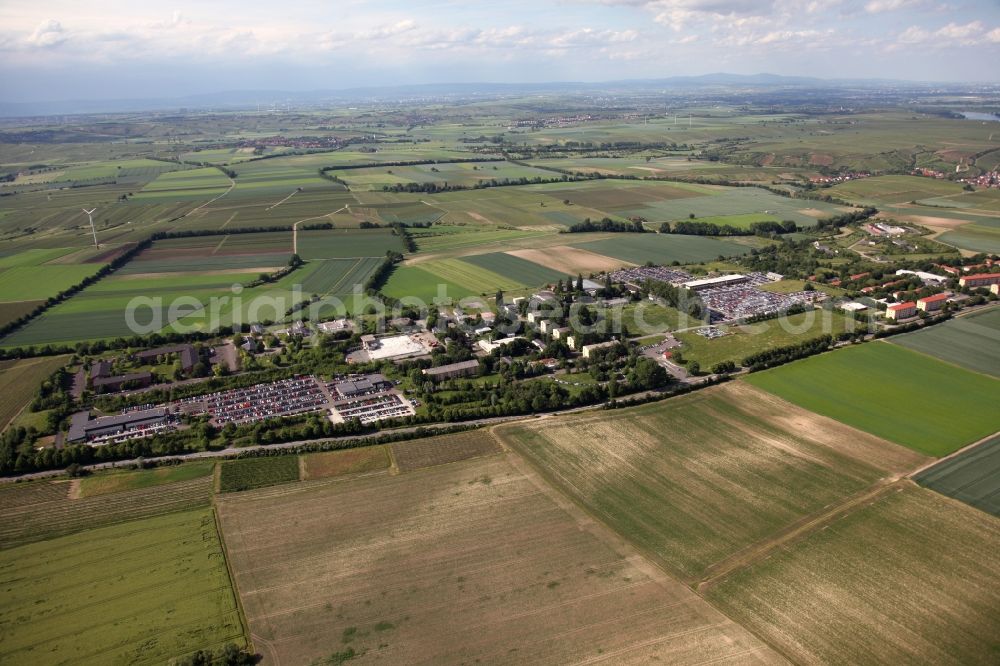 Dexheim from above - Former U.S. barracks in Dexheim in Rhineland-Palatinate, conversion object, currently a shipping depot for cars