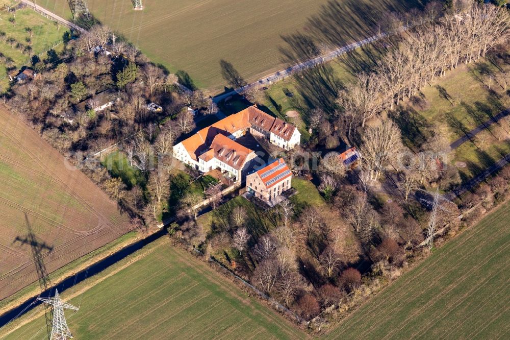 Aerial photograph Heidelberg - Historic watermill of Kirchheimer on the edge of cultivated fields in Heidelberg in the state Baden-Wuerttemberg, Germany