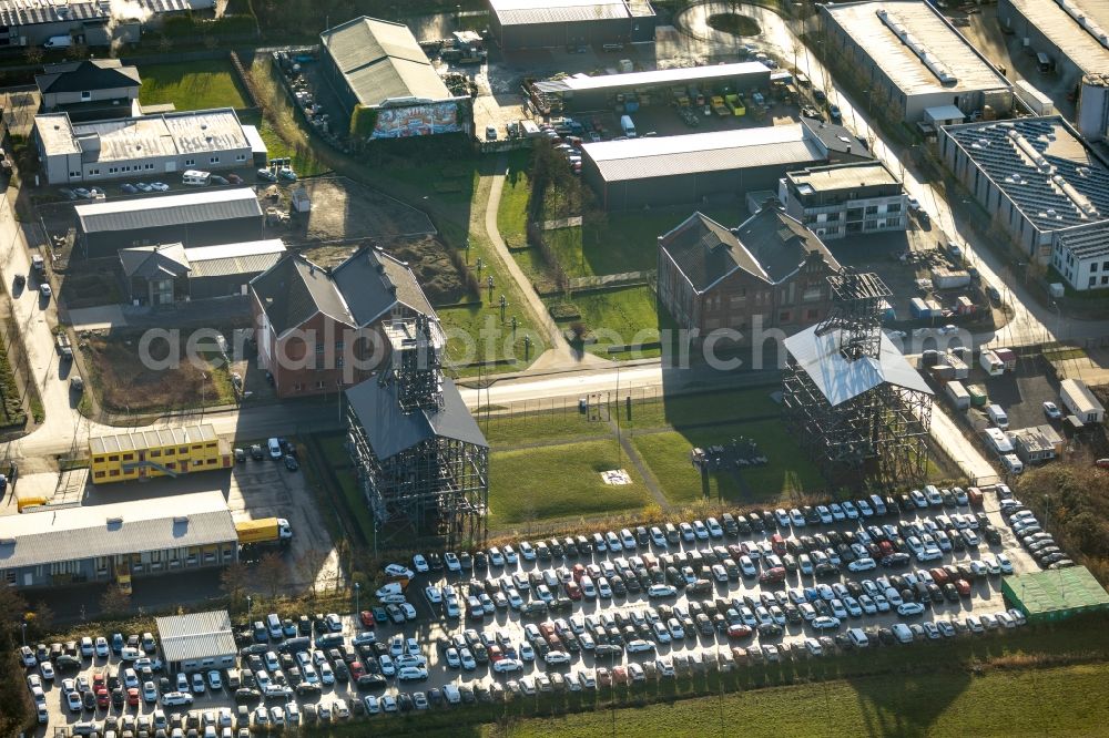 Hamm from the bird's eye view: Headframe and mining towers on site of the former mining pit Radbod in the district of Bockum-Hoevel in Hamm in the state of North Rhine-Westphalia