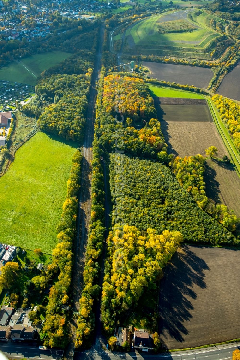 Hamm from the bird's eye view: Former railway tracks of the mining pit Pelkum in the autumnal landscape of Wiescherhoefen in Hamm in the state of North Rhine-Westphalia