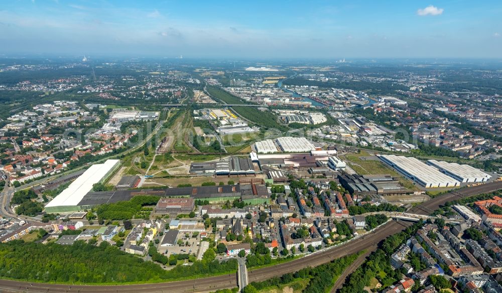 Dortmund from above - Former headquarters, administrative building and production halls of the Hoesch-Stahl AG in Dortmund in the federal state North Rhine-Westphalia