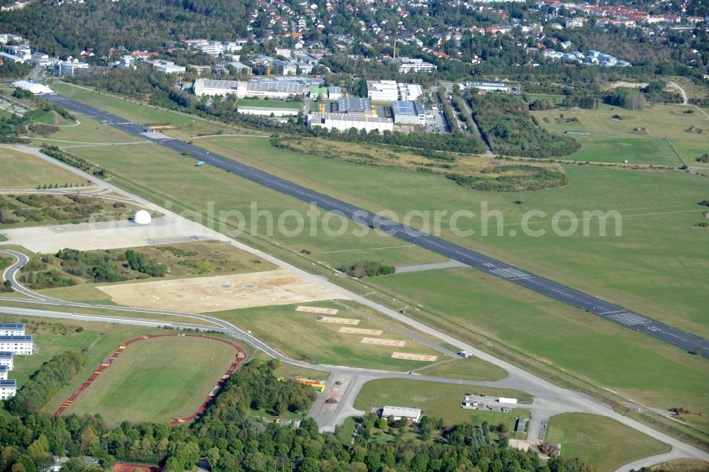 Unterhaching from above - Former Runway with tarmac terrain of airfield in Unterhaching in the state Bavaria