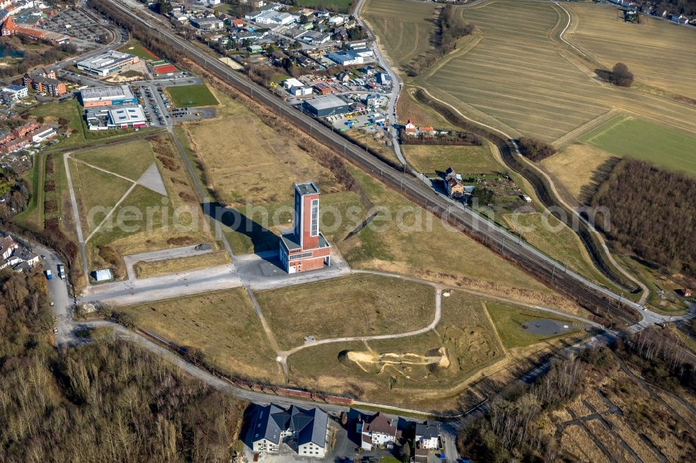 Aerial image Bönen - Former winding tower of the Zeche Koenigsborn the shaft 4 at Boenen in the Ruhr area in North Rhine-Westphalia