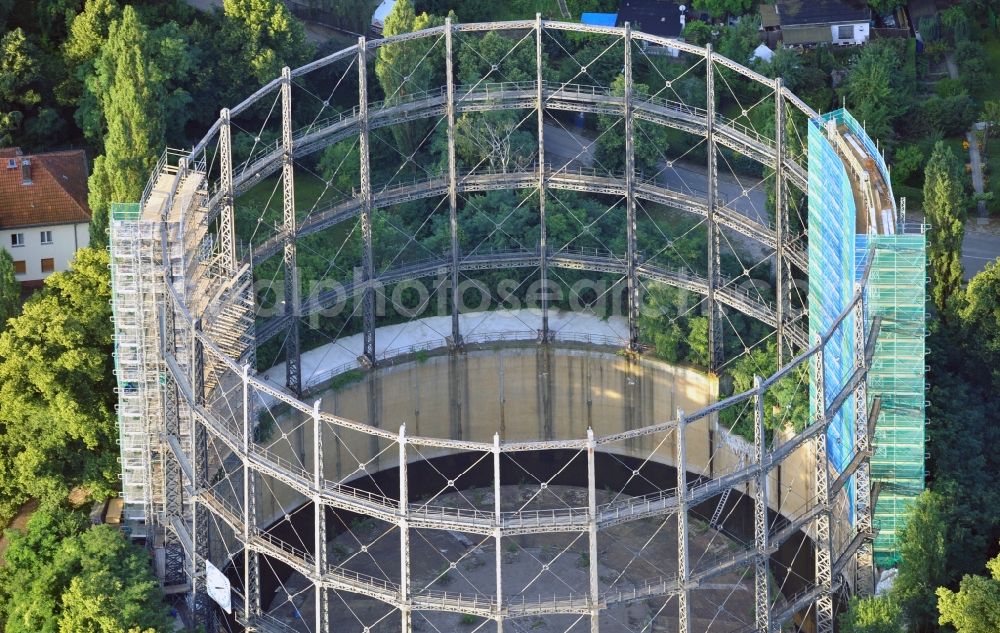 Aerial image Berlin - View of a former gasometer on the closed down GASAG area at the Lankwitzer Street in Berlin-Mariendorf