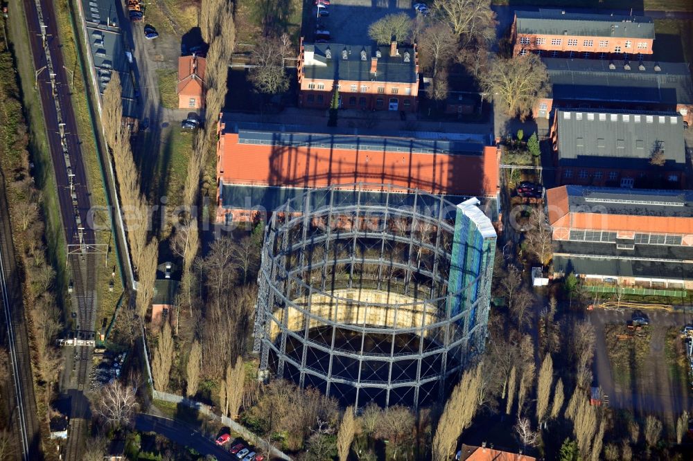 Berlin from above - View of a former gasometer on the closed down GASAG area at the Lankwitzer Street in Berlin-Mariendorf