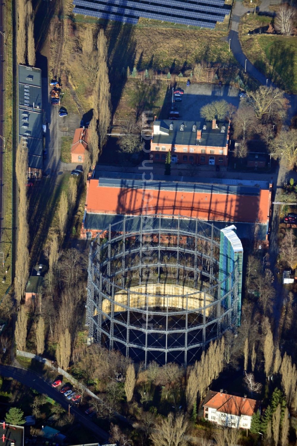 Berlin from the bird's eye view: View of a former gasometer on the closed down GASAG area at the Lankwitzer Street in Berlin-Mariendorf