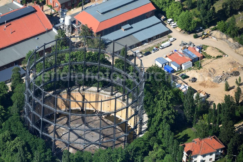 Aerial image Berlin - View of a former gasometer on the closed down GASAG area at the Lankwitzer Street in Berlin-Mariendorf