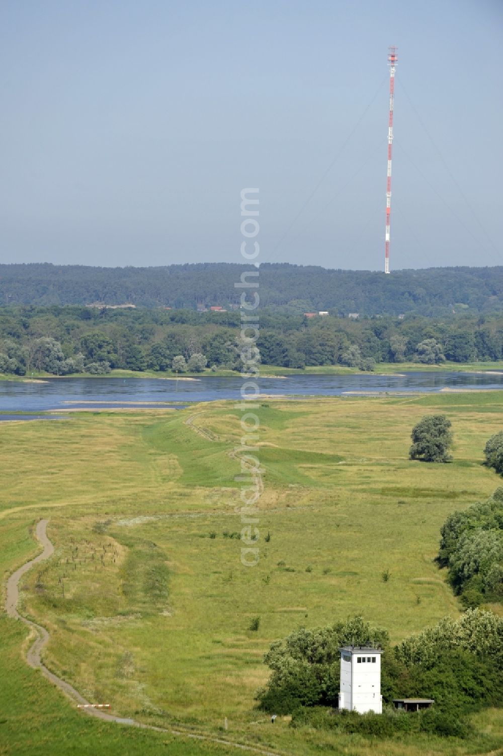 Aerial photograph Wustrow - 08/07/2012 Wustrow View the former border Tower on dike in the nature reserve at Wustrow in Brandenburg. The monument of the former border between East and West Germany is now a monument of contemporary history of divided Germany in the postwar history of Europe