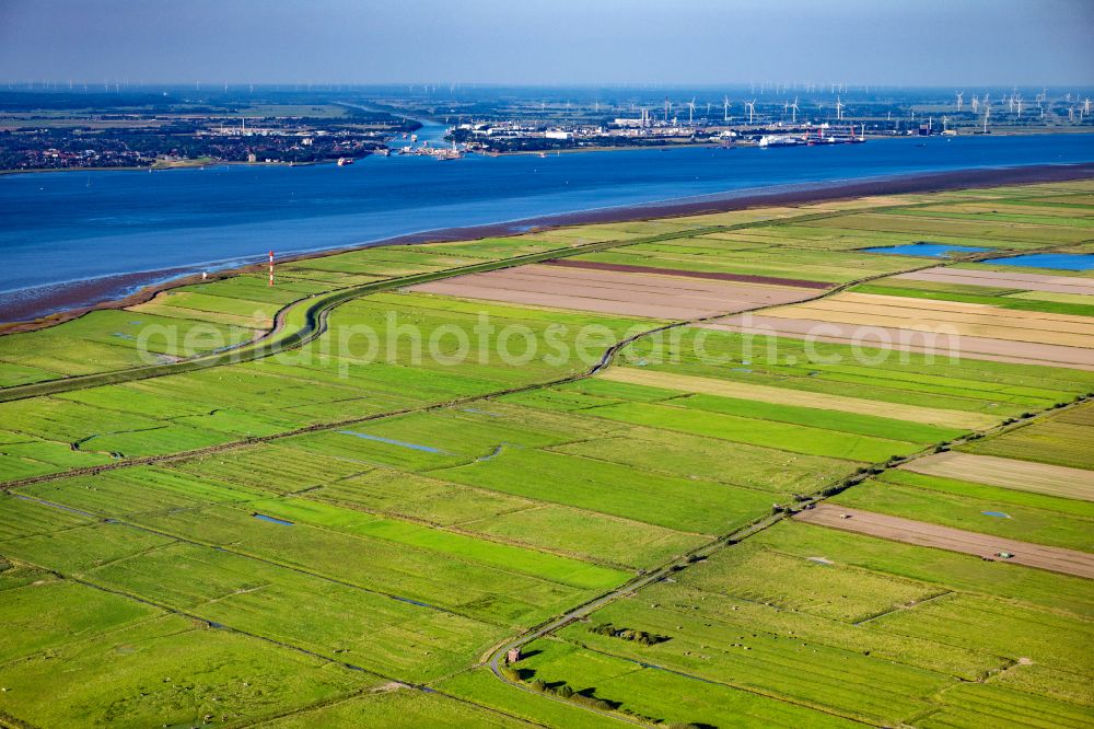 Balje from above - Former lighthouse and new Oberfeuer maritime sign on the Elbe in Balje in the state Lower Saxony, Germany