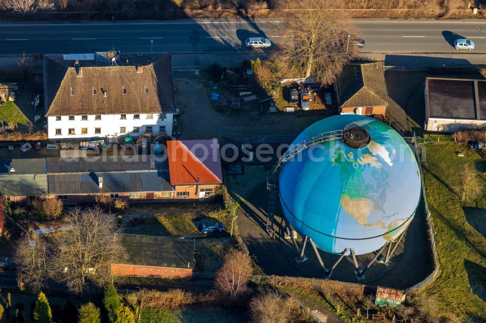 Wetter (Ruhr) from the bird's eye view: Gasometer high storage tank at Globus design in Wetter (Ruhr) in the state North Rhine-Westphalia, Germany