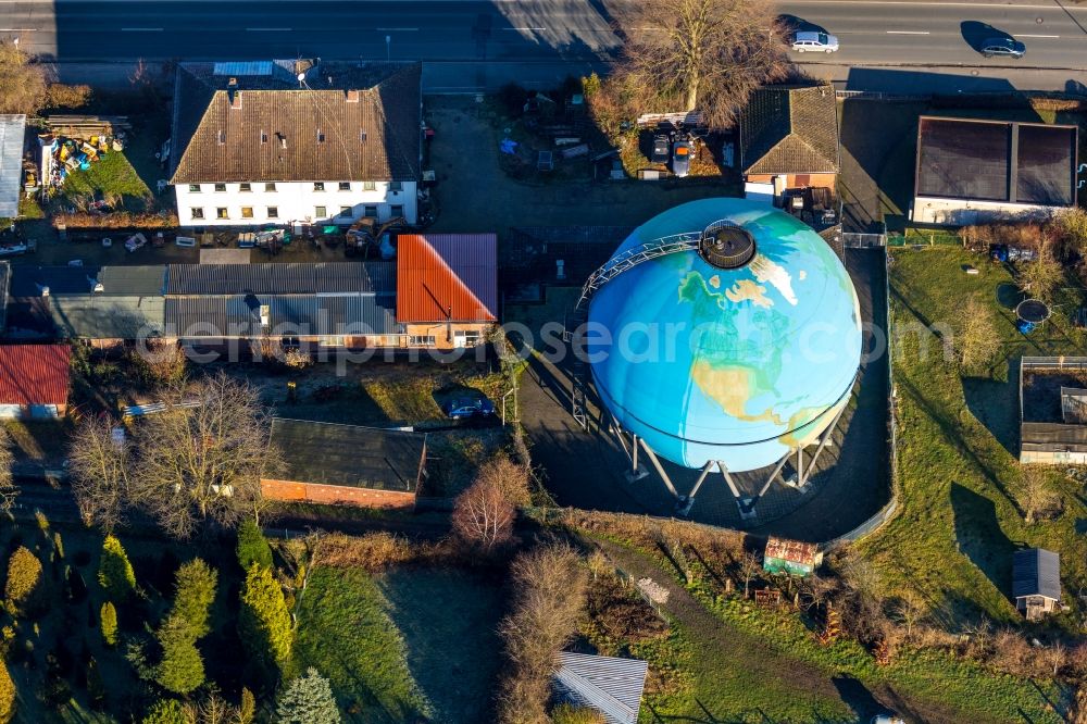 Aerial image Wetter (Ruhr) - Gasometer high storage tank at Globus design in Wetter (Ruhr) in the state North Rhine-Westphalia, Germany