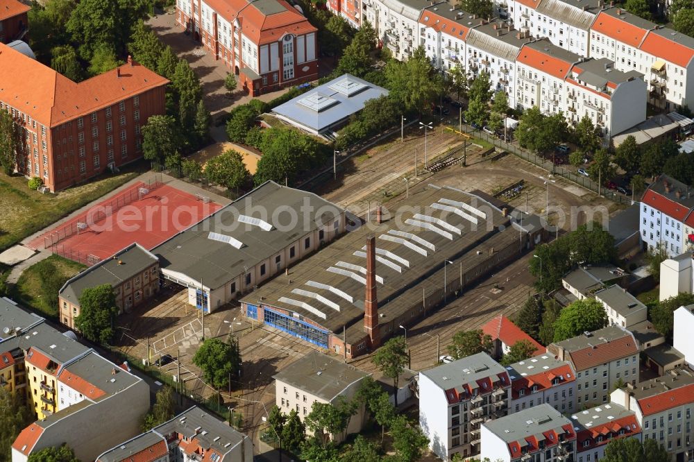 Aerial image Berlin - Former repair work of trains of passenger transport of the tram in the district Oberschoeneweide in Berlin, Germany