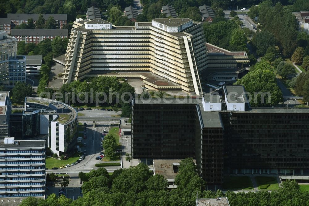 Aerial image Hamburg - Former office building Post-Pyramide in the City Nord part of the borough of Winterhude in Hamburg. The former post office building is vacated. The dark office building Ue35 is located in front of it