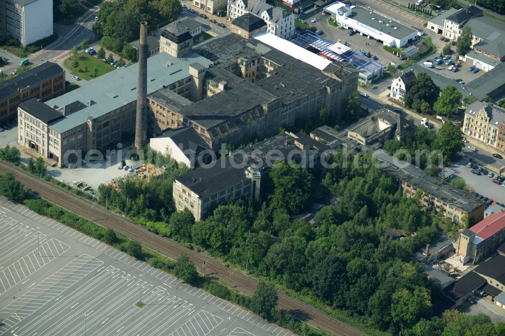 Chemnitz from above - Former company grounds and historic factory facilities of Wan derer Works AG in Chemnitz in the state of Saxony. The company used to be an important producer of bicycles, motorbikes, cars, office machines and tools. View of the factory on Zwickauer Strasse