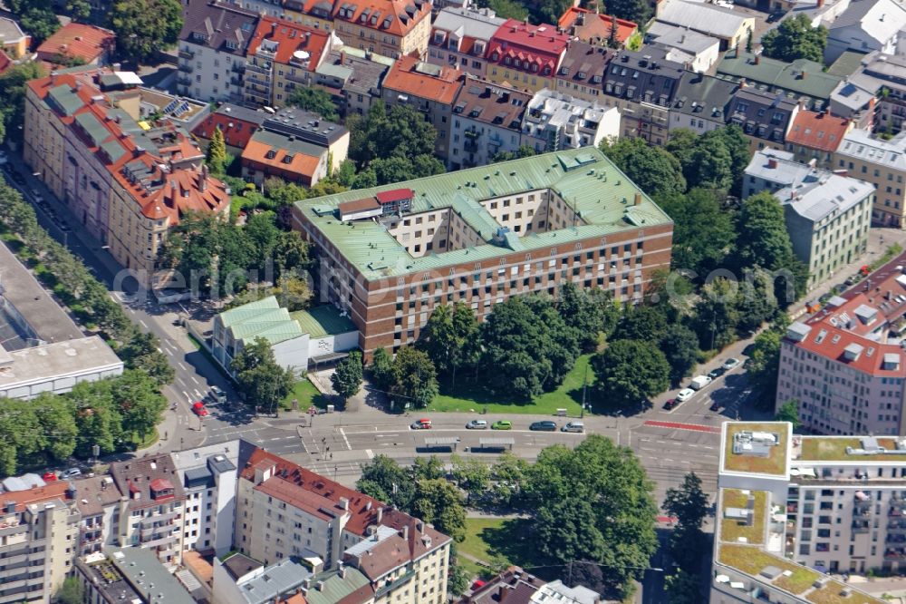 München from above - Former administration building Health Department and Health Center on Dachauer Strasse in Munich in the state of Bavaria, Germany