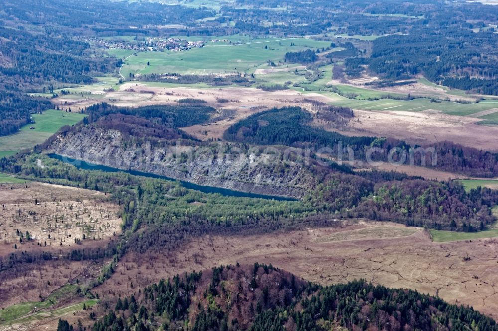 Schwaigen from the bird's eye view: Former hard stone mining Werdenfels at the glacial round hump Langer Koechel near Murnau in the state Bavaria, Germany