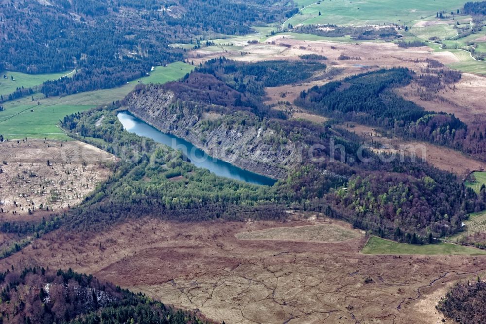 Aerial image Schwaigen - Former hard stone mining Werdenfels at the glacial round hump Langer Koechel near Murnau in the state Bavaria, Germany