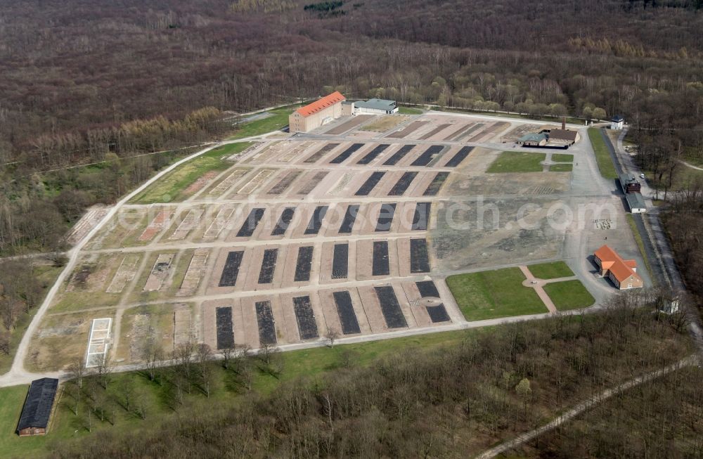 Aerial image Weimar - View at the barracks area of the former concentration camp Buchenwald in Weimar in Thuringia. Is the location of the prisoner barracks, the Chamber building (closet) to see today's Museum with permanent exhibition, crematorium