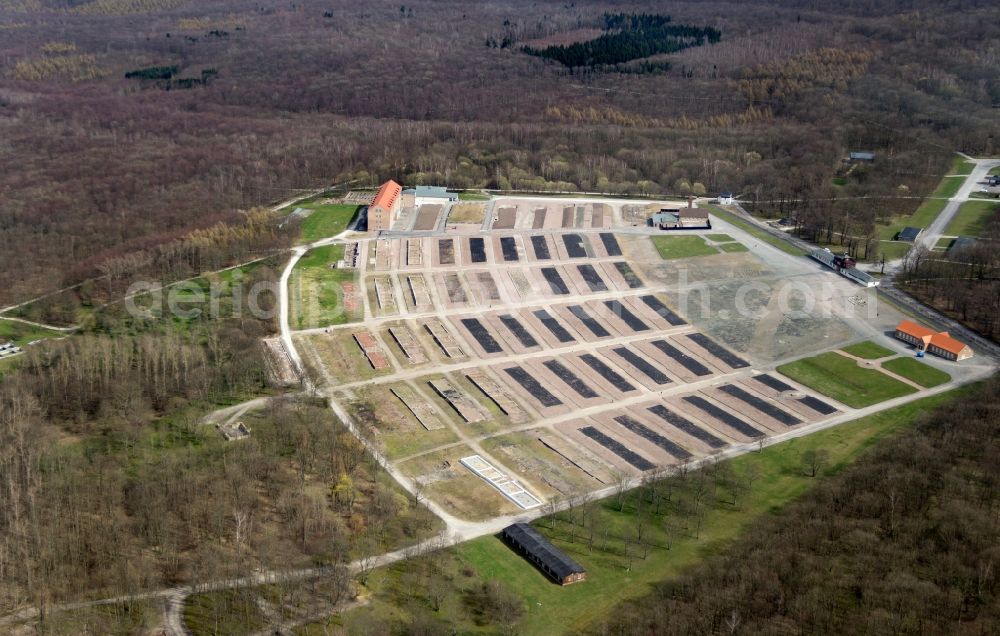 Weimar from the bird's eye view: View at the barracks area of the former concentration camp Buchenwald in Weimar in Thuringia. Is the location of the prisoner barracks, the Chamber building (closet) to see today's Museum with permanent exhibition, crematorium