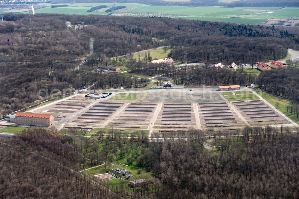 Aerial image Weimar - View at the barracks area of the former concentration camp Buchenwald in Weimar in Thuringia. Is the location of the prisoner barracks, the Chamber building (closet) to see today's Museum with permanent exhibition, crematorium