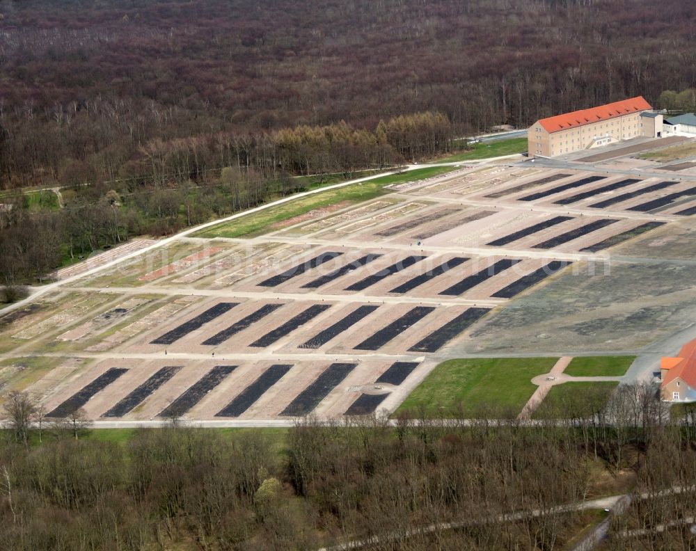 Aerial image Weimar - View at the barracks area of the former concentration camp Buchenwald in Weimar in Thuringia. Is the location of the prisoner barracks, the Chamber building (closet) to see today's Museum with permanent exhibition, crematorium