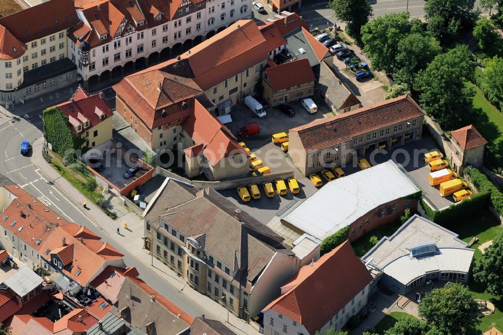 Arnstadt from the bird's eye view: In Ritterstrasse in Arnstadt in Thuringia is the building of the former post office in Arnstadt. The courtyard of the building is still used as a vehicle depot by DHL