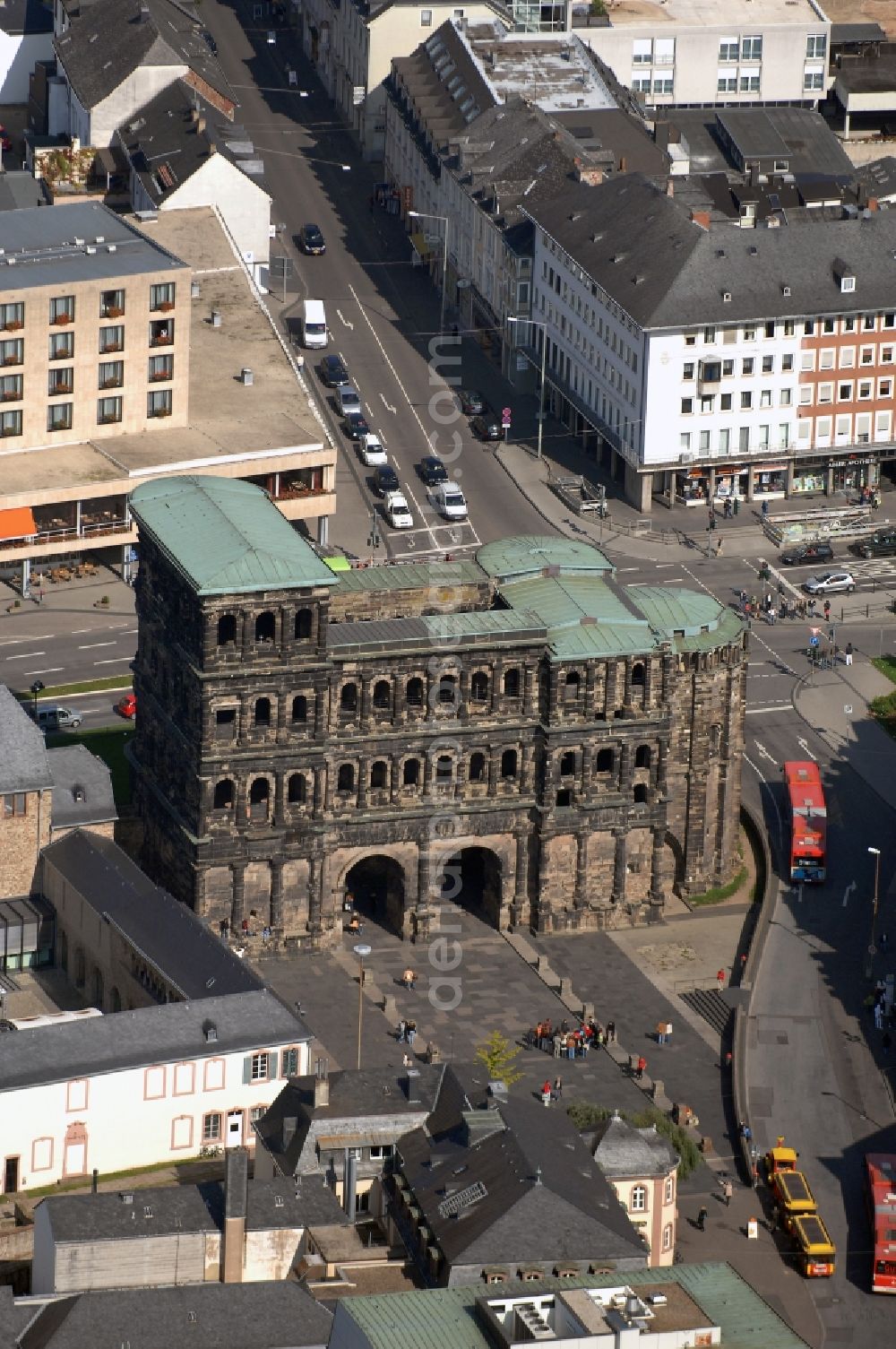 Trier from the bird's eye view: Former Roman Porta Nigra - the city's landmarks in Trier in Rhineland-Palatinate