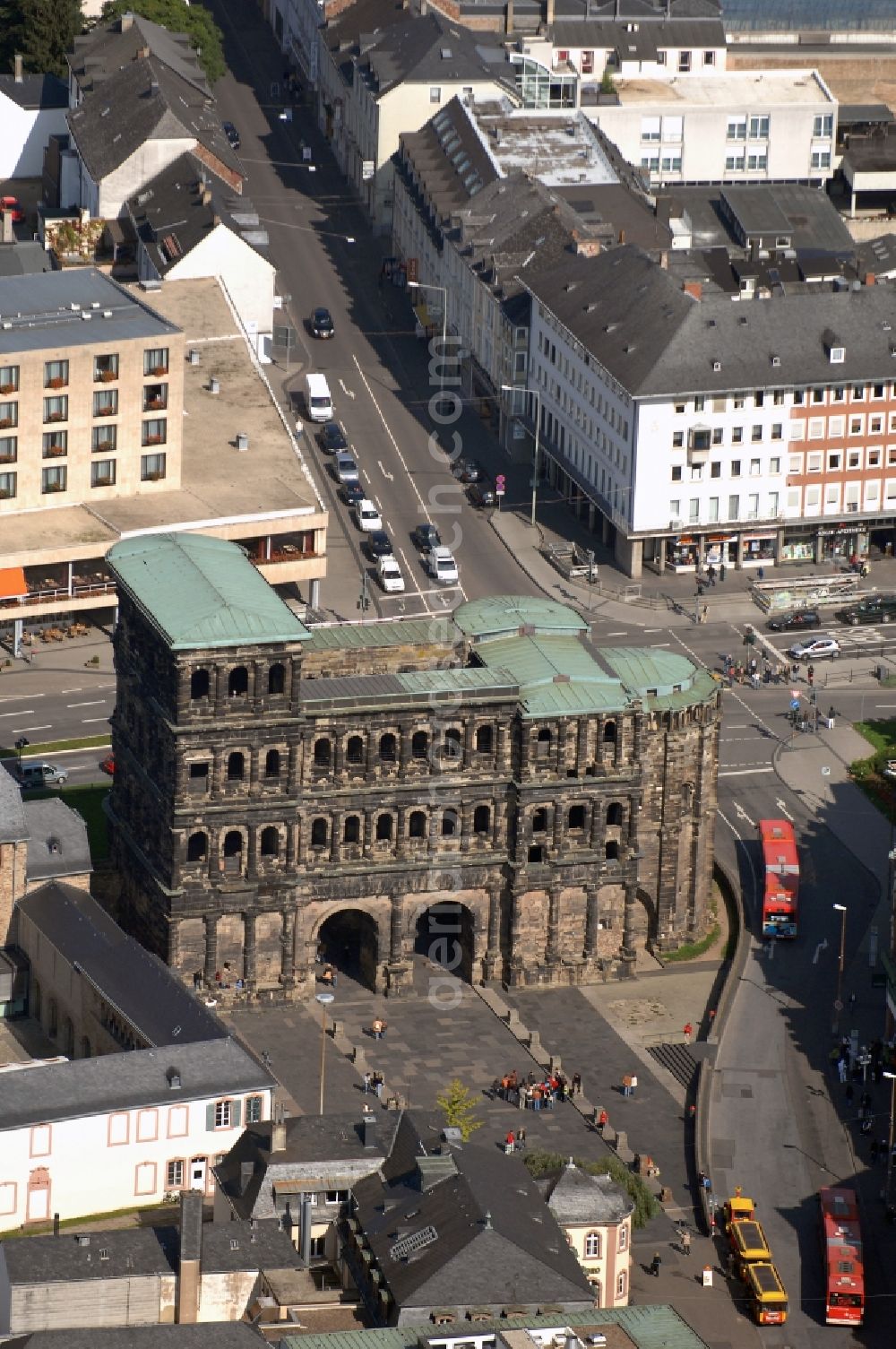 Aerial image Trier - Former Roman Porta Nigra - the city's landmarks in Trier in Rhineland-Palatinate