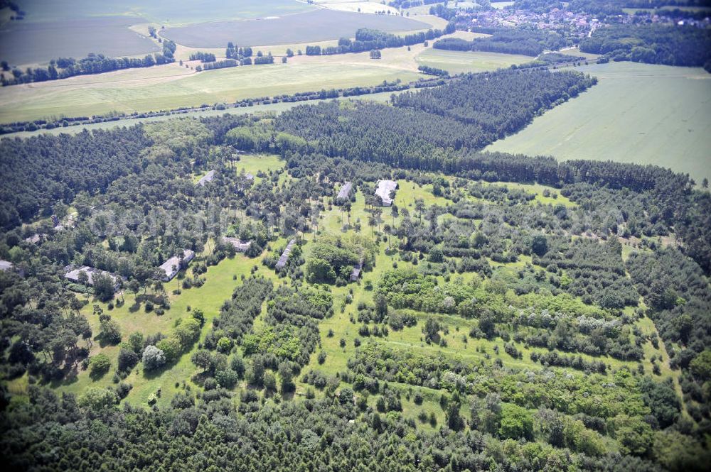 Aerial image Detershagen - Blick auf ein ehemaliges Tanklager der NVA Nationale Volksarmee der DDR südlich des Elbe-Havel-Kanals bei Detershagen in Sachsen-Anhalt. View of a former tank farm of the NVA in the GDR National People's Army south of the Elbe-Havel canal to Deter Hagen in Saxony-Anhalt.