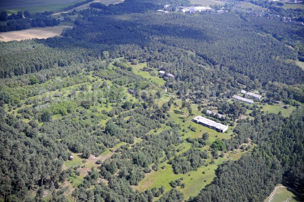 Detershagen from above - Blick auf ein ehemaliges Tanklager der NVA Nationale Volksarmee der DDR südlich des Elbe-Havel-Kanals bei Detershagen in Sachsen-Anhalt. View of a former tank farm of the NVA in the GDR National People's Army south of the Elbe-Havel canal to Deter Hagen in Saxony-Anhalt.