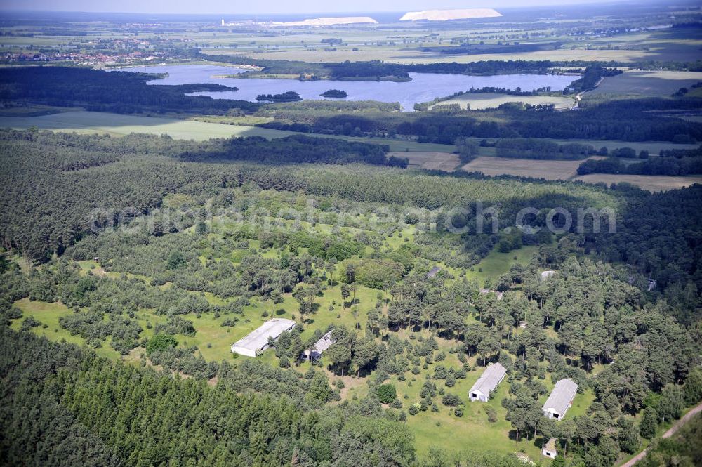 Aerial image Detershagen - Blick auf ein ehemaliges Tanklager der NVA Nationale Volksarmee der DDR südlich des Elbe-Havel-Kanals bei Detershagen in Sachsen-Anhalt. View of a former tank farm of the NVA in the GDR National People's Army south of the Elbe-Havel canal to Deter Hagen in Saxony-Anhalt.