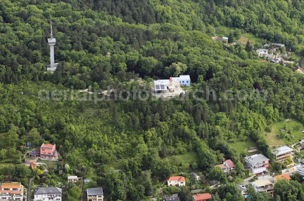 Jena from above - The eponymous restaurant on the hill Landgraf is a popular tourist restaurant and hiking destination in Jena in Thuringia. Not far from the restaurant is the former television tower