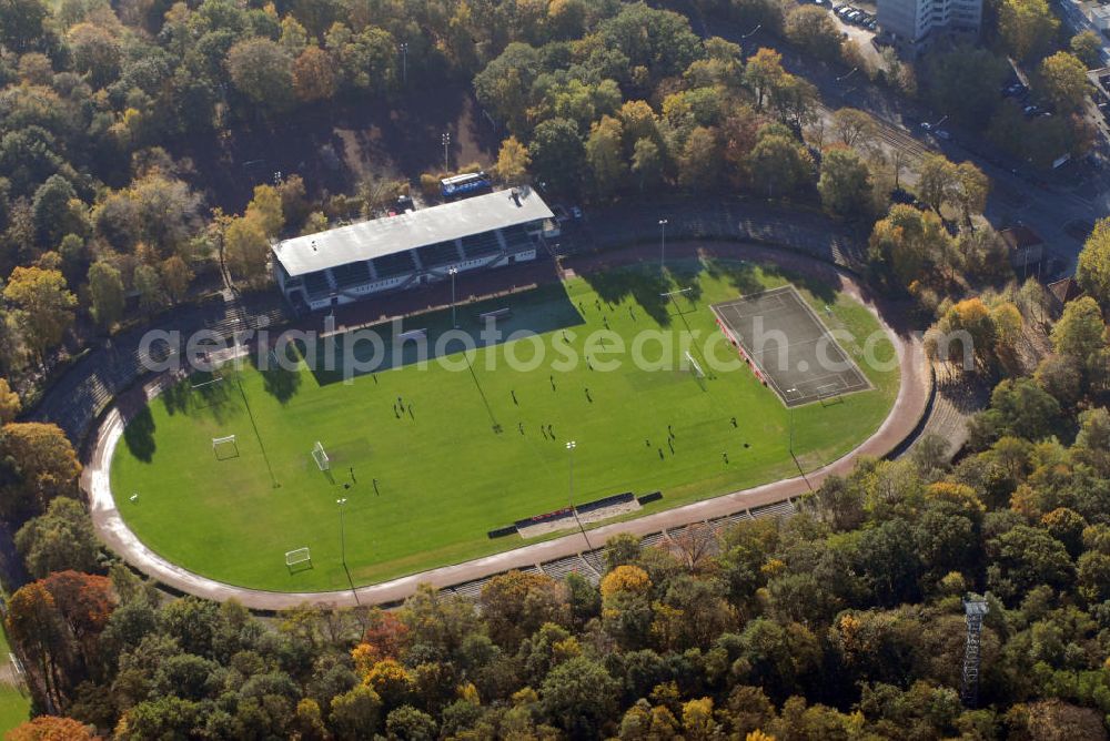 Aerial photograph Hannover - Blick auf das Eilenriedestadion in Hannover. Das Eilenriedestadion ist die Spielstätte der Amateurmannschaften des Fußball-Bundesligisten Hannover 96, gelegen am Rande des Stadtwaldes Eilenriede. Der Verein wurde am 12. April 1896 gegründet. Erbaut wurde das Stadion im Jahr 1922. Das Stadion steht unter Denkmalschutz und deshalb kommt es nur zu kosmetischen Reparaturen. Kontakt: Clausewitzstr. 2, 30175 Hannover, Tel.: 0511 - 7601995