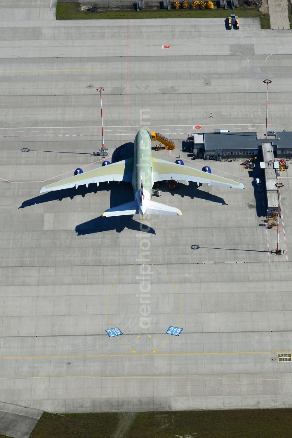 Aerial photograph Hamburg - Airbus A380-800 on the works facilities and area of the airport Finkenwerder in Hamburg in Germany