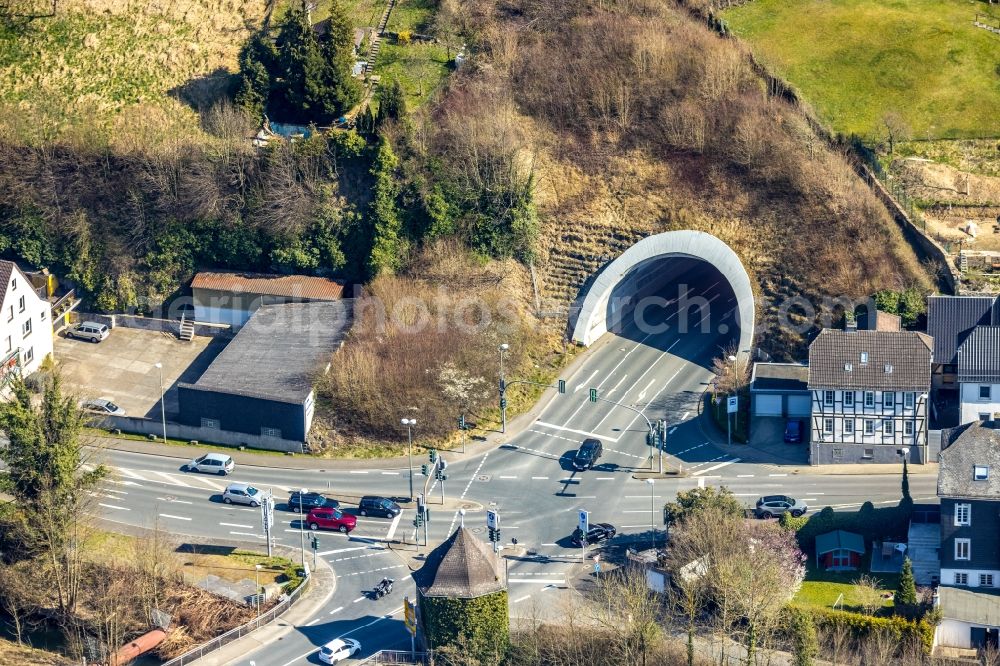 Arnsberg from above - Entrance and exit of the tunnel structure on Jaegerstrasse in Arnsberg at Sauerland in the state North Rhine-Westphalia, Germany