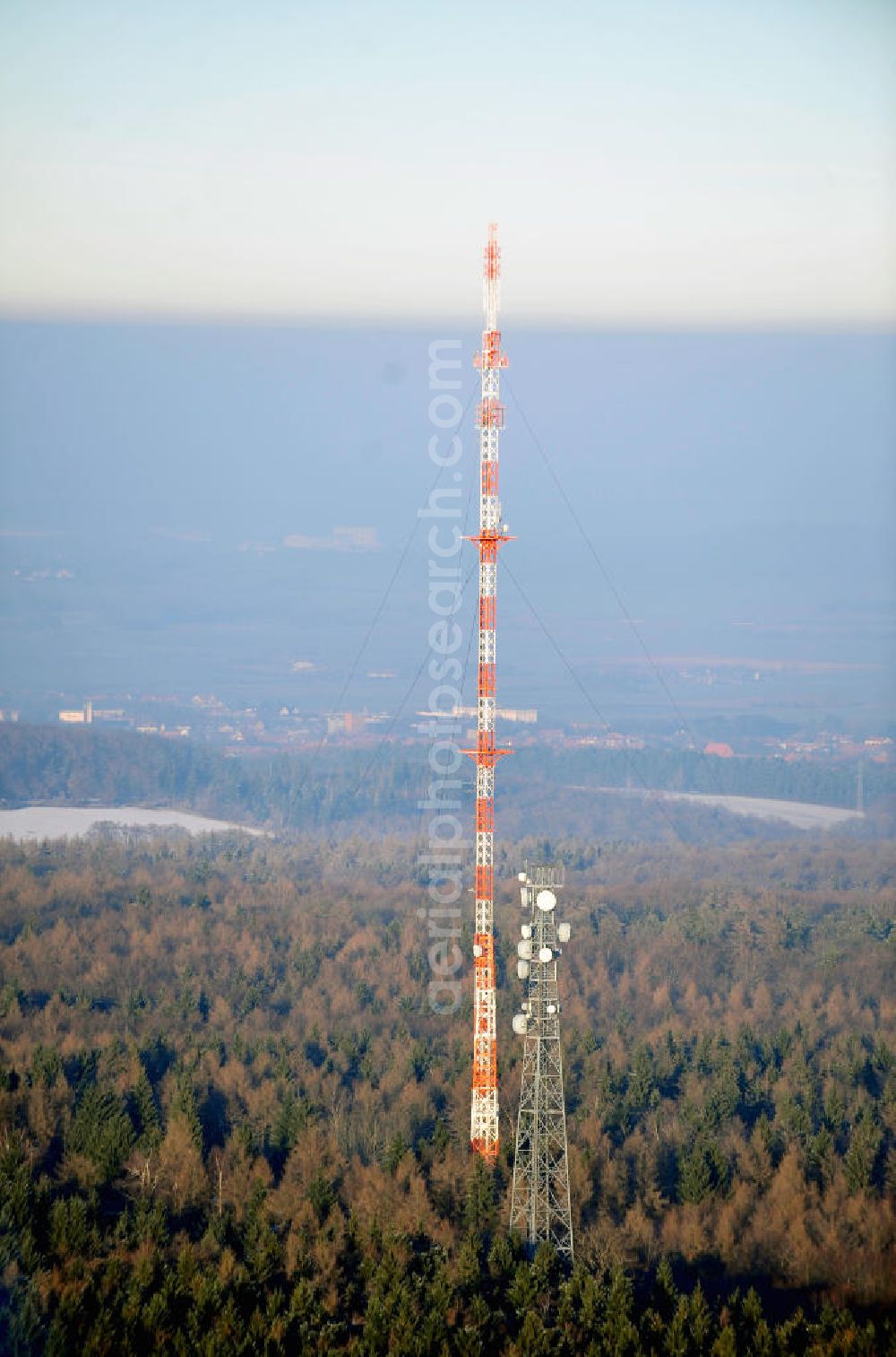 Aerial image Helmstedt - Ein Sendeturm im Naturpark Elm-Lappwald in der Nähe von Helmstedt. A tower in the nature park Elm-Lappwald near by Brunswick.