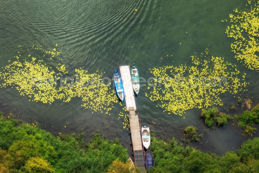 Waren (Müritz) from above - A land at riparian zones on the course of the river des Reeckkanals in Waren (Mueritz) in the state Mecklenburg - Western Pomerania