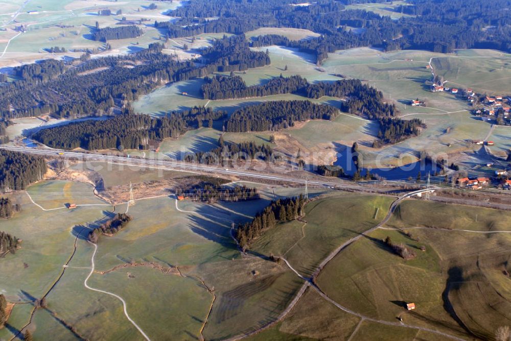 Oy-Mittelberg from the bird's eye view: Blick auf ein Waldgebiet bei Oy-Mittelberg.