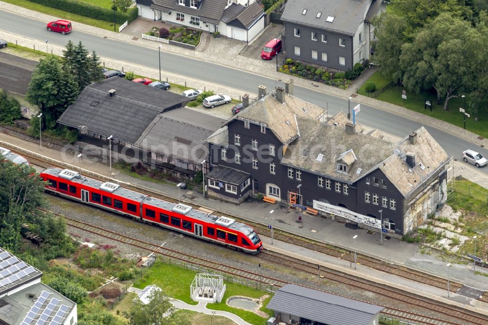 Winterberg from the bird's eye view: View at an incoming regional railway at the station of Winterberg in the federal state North Rhine-Westphalia. ww.winterberg.de