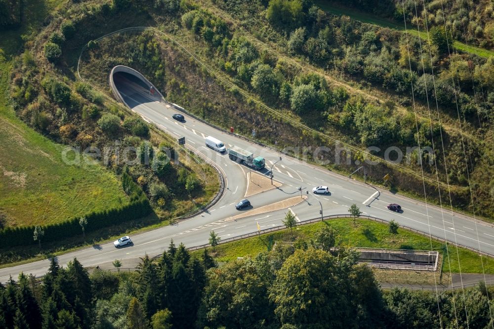 Olsberg from above - Entrance of the tunnel structure on Kreuzung Bundesstrasse B54 - Hauptstrasse in Olsberg in the state North Rhine-Westphalia, Germany