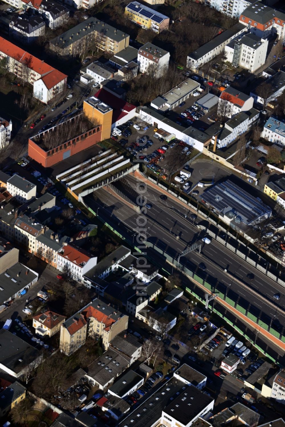 Berlin Neukölln from above - Entrance to the tunnel of the highway - A100 city motorway / E36 to Buschkrugallee in Berlin Neukoelln