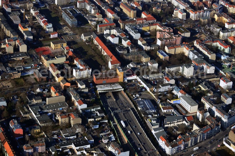 Berlin Neukölln from above - Entrance to the tunnel of the highway - A100 city motorway / E36 to Buschkrugallee in Berlin Neukoelln